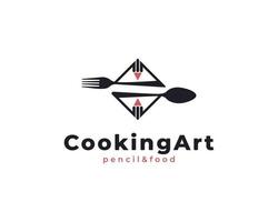 Logo für kreative Kochkunst. Kombination aus Gabel, Löffel und Bleistift als Inspiration für das Logo-Design von Food Writer-Blog-Restaurant-Rezepten vektor