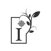 elegantes i-luxus-logo mit quadratischem rahmenabzeichen. Blumen mit Blumenblättern. Perfekt für Mode, Schmuck, Schönheitssalon, Kosmetik, Spa, Boutique, Hochzeit, Briefstempel, Hotel- und Restaurantlogo. vektor