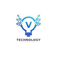 bokstaven v inuti lampa glödlampa teknologi innovation logotyp designmall element vektor