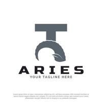 första bokstaven t med get bagge fårhorn för aries logotyp design inspiration. djur logotyp element mall vektor