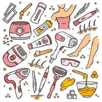epilering, hårborttagning och metoder för kroppshårborttagning, vektoruppsättning ikoner i tecknad doodlestil. sugaring, rakhyvel, fotoepilator, laser och elektroepilering. rosa element på en vit bakgrund. vektor
