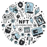 nft nicht fungibler Token-Satz von Vektorsymbolen im Doodle-Stil. Kryptowährung und Blockchain-Technologie beim Kauf von Kunst, Gemälden, Musik und Videos. handgezeichnetes blaues kreisförmiges konzept. vektor