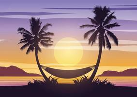 Silhouettenkunstdesign des Meeres bei Sonnenuntergang und Palmen mit Hängematte vektor