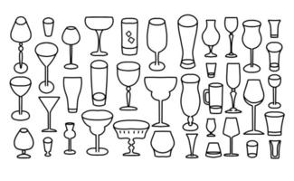 uppsättning glas för alkoholdrycker. linjär skiss av glasvaror för vin, öl, cocktails. doodle illustration för bar, restaurang, café, nattklubb. vektor