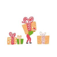 kleiner Mann trägt riesige Geschenkkisten. Konzept eines kleinen Charakters. Feiertagslieferung. Weihnachtsmann Helfer. vektor handgezeichnete doodle flache illustration.
