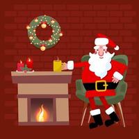 weihnachtsmann-zeichentrickfigur sitzt zu hause am kamin und trinkt heißen tee frohe weihnachten konzept. der weihnachtsmann ruht sich aus. im großen grünen Sessel. flache vektorillustration. vektor