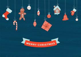 frohe weihnachten und guten rutsch ins neue jahr wintergrußkarte holzhintergrund mit weihnachtsdekorationselementen, die an seilen als girlande in roten und blauen farben hängen vektor