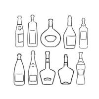 satz von linearen handgezeichneten skizzenflaschen. Sammlung verschiedener alkoholischer Getränke. lineare Vektordarstellung. vektor