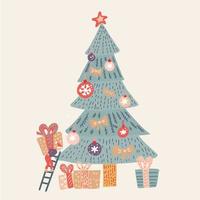 handritad vektor rolig god jultid tecknad illustration kort med liten tomte som dekorerar julgran och överraskning presentförpackningar isolerade på biege bakgrund. santa helper i doodle stil.