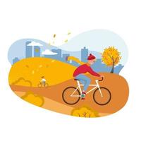 wochenende im freien im park. Herbstlandschaft und Aktivität. radfahren im herbst. junger Mann in einer Strickmütze auf einem Fahrrad. flache karikaturillustration des vektors. vektor