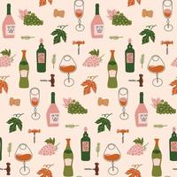 nahtloses Muster des modernen flachen Design-Packpapiers, das verschiedene Weinflaschen mit Trauben, Weingläsern und Korkenzieher kennzeichnet. flache handgezeichnete Vektorillustration. vektor