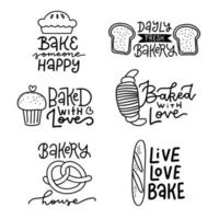 Schwarz-Weiß-Satz von Bäckerei-Handschrift-Logos, Abzeichen. typografie-gestaltungselemente, moderne kalligrafie-kollektion mit keksen für drucke, plakate, verpackungen. lineare handgezeichnete Vektorillustration. vektor