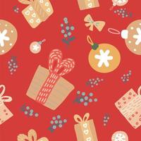 süßer skandinavischer fröhlicher kleiner weihnachtsnahtloser hintergrund mit handgezeichneten weihnachtskugeln, geschenkboxen, schleifen und beeren für ihre dekoration, verpackung vektor
