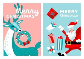 god jul gratulationskort set. tecknad handritad renkaraktär med krans och jultomten med presentaskar. vektor