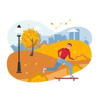 Teenager auf Skateboard. junger lächelnder skateboarder, skater im herbstpark zeichentrickfigur. Skateboard-Hobby, extreme Freizeit. Erholung im Freien, aktiver Zeitvertreib. flache karikaturillustration des vektors. vektor