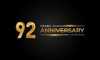 92-jähriges Jubiläum mit glänzender goldener und silberner Farbe für Feierlichkeiten, Hochzeiten, Grußkarten und Einladungen einzeln auf schwarzem Hintergrund vektor