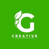 Buchstabe g mit Blattlogo-Gestaltungselement auf grünem Hintergrund. verwendbar für Firmen-, Wissenschafts-, Gesundheits-, Medizin- und Naturlogos