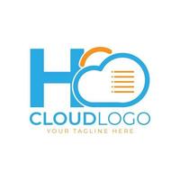cloud tech logotyp. initial bokstav h med moln och dokument för teknikkoncept. data programvara väder tecken vektor