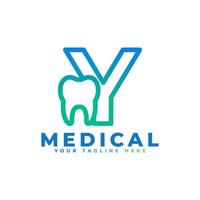 Zahnklinik-Logo. blauer linearer formbuchstabe y, der innen mit dem zahnsymbol verbunden ist. verwendbar für Zahnarzt-, Zahnpflege- und medizinische Logos. flaches Vektor-Logo-Design-Ideen-Vorlagenelement. vektor