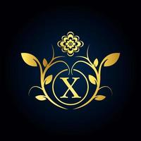 elegant x lyxig logotyp. gyllene blommor alfabetet logotyp med blommor blad. perfekt för mode, smycken, skönhetssalong, kosmetika, spa, boutique, bröllop, brevstämpel, hotell- och restauranglogotyp. vektor