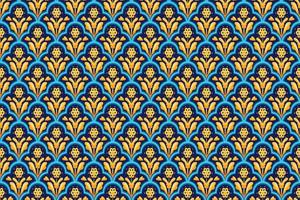 gelbe Blume auf Marineblau, weißes geometrisches ethnisches orientalisches Muster traditionelles Design für Hintergrund, Teppich, Tapete, Kleidung, Verpackung, Batik, Stoff, Vektorillustrationsstickereiart vektor