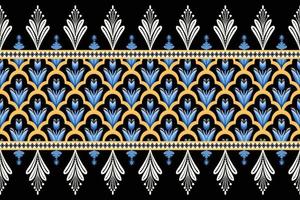 blå blomma på svart, vit, gul geometrisk etniskt orientaliskt mönster traditionell design för bakgrund, matta, tapeter, kläder, omslag, batik, tyg, vektorillustration broderistil vektor