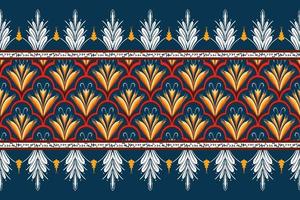 gelbe Blume auf Marineblau, rotes geometrisches ethnisches orientalisches Muster traditionelles Design für Hintergrund, Teppich, Tapete, Kleidung, Verpackung, Batik, Stoff, Vektorillustrationsstickereiart vektor