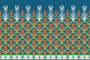 orangefarbene Blume auf indigoblauem, grünem geometrischem ethnischem orientalischem Muster traditionelles Design für Hintergrund, Teppich, Tapete, Kleidung, Verpackung, Batik, Stoff, Vektorgrafik-Stickerei-Stil vektor