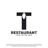 restaurangens logotyp. initial bokstav t med sked gaffel för restaurang logotyp ikon designmall vektor