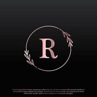 Elegantes r-Buchstabenkreis-Blumenlogo mit kreativer eleganter Blattmonogramm-Zweiglinie und rosa schwarzer Farbe. verwendbar für Firmen-, Mode-, Kosmetik-, Spa-, Wissenschafts-, Medizin- und Naturlogos. vektor