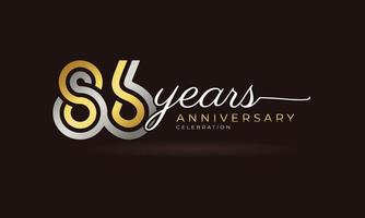86-jähriges Jubiläumsfeier-Logo mit verknüpften mehrzeiligen silbernen und goldenen Farben für Feierlichkeiten, Hochzeiten, Grußkarten und Einladungen einzeln auf dunklem Hintergrund vektor