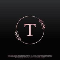Elegantes t-Buchstabenkreis-Blumenlogo mit kreativer eleganter Blattmonogramm-Zweiglinie und rosa schwarzer Farbe. verwendbar für Firmen-, Mode-, Kosmetik-, Spa-, Wissenschafts-, Medizin- und Naturlogos. vektor