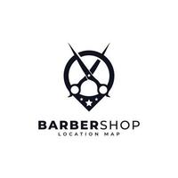 barbershop plats logotyp mall design. kartnål kombinerat med sax ikon vektorillustration vektor