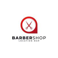 Barbershop-Location-Logo-Template-Design. Kartenstift kombiniert mit Scherensymbol-Vektorillustration vektor