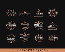 Set klassischer Vintage-Retro-Label-Abzeichen für Gangster und Mafia-Logo-Design-Inspiration. Mann im schwarzen Anzug-Symbol vektor