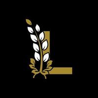 första bokstaven l länkad monogram gyllene lagerkrans logotyp. graciös design för restaurang, café, varumärke, märke, etikett, lyxidentitet vektor
