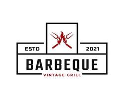 klassisches Vintage-Retro-Label-Abzeichen für Grill-Barbecue-Barbecue-Barbecue mit gekreuzter Gabel und Feuerflammen-Logo-Design-Inspiration vektor