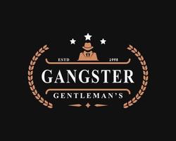 Vintage Retro-Abzeichen für Gangster und Mafia-Mann im schwarzen Anzug-Logo-Emblem-Design-Symbol vektor