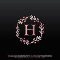 elegantes H-Buchstaben-Sechseck-Blumenlogo mit kreativer, eleganter Blattmonogramm-Zweiglinie und rosa schwarzer Farbe. verwendbar für Firmen-, Mode-, Kosmetik-, Spa-, Wissenschafts-, Medizin- und Naturlogos. vektor