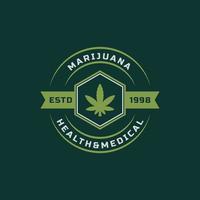 vintage retro-abzeichen für marihuana cannabis hanftopf blatt thc cbd gesundheit und medizinische therapie logo emblem design symbol vektor