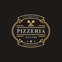 vintage retro-abzeichen für spachtel pizza pizzeria logo emblem design symbol vektor