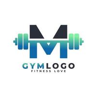 bokstaven m logotyp med skivstång. gym logotyp. lyft vektor logotyp design för gym och fitness. alfabetet brev logotyp mall