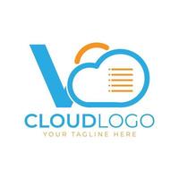 Cloud-Tech-Logo. anfangsbuchstabe v mit wolke und dokument für technologiekonzept. Daten Software Wetterzeichen vektor