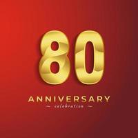80-jähriges Jubiläum mit golden glänzender Farbe für Feierlichkeiten, Hochzeiten, Grußkarten und Einladungskarten einzeln auf rotem Hintergrund vektor