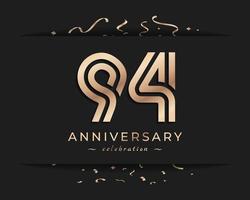 94 års jubileumsfirande logotypdesign. grattis på jubileumshälsningen firar händelse med gyllene multipellinje och konfetti isolerad på mörk bakgrundsdesignillustration vektor