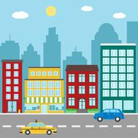 Stadtlandschaft mit Gebäuden, Geschäften, Auto und Taxi vektor