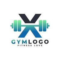 bokstaven x logotyp med skivstång. gym logotyp. lyft vektor logotyp design för gym och fitness. alfabetet brev logotyp mall