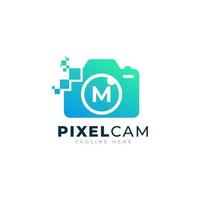 bokstaven m inuti kameran foto pixel teknologi logotyp designmall vektor