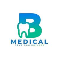 tandvårdsklinikens logotyp. blå form initial bokstav b länkad med tandsymbol inuti. användbar för tandläkare, tandvård och medicinska logotyper. platt vektor logo designidéer mallelement.