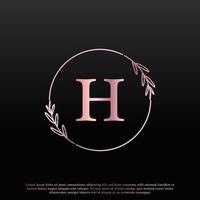 Elegantes h-Buchstabenkreis-Blumenlogo mit kreativer eleganter Blattmonogramm-Zweiglinie und rosa schwarzer Farbe. verwendbar für Firmen-, Mode-, Kosmetik-, Spa-, Wissenschafts-, Medizin- und Naturlogos. vektor